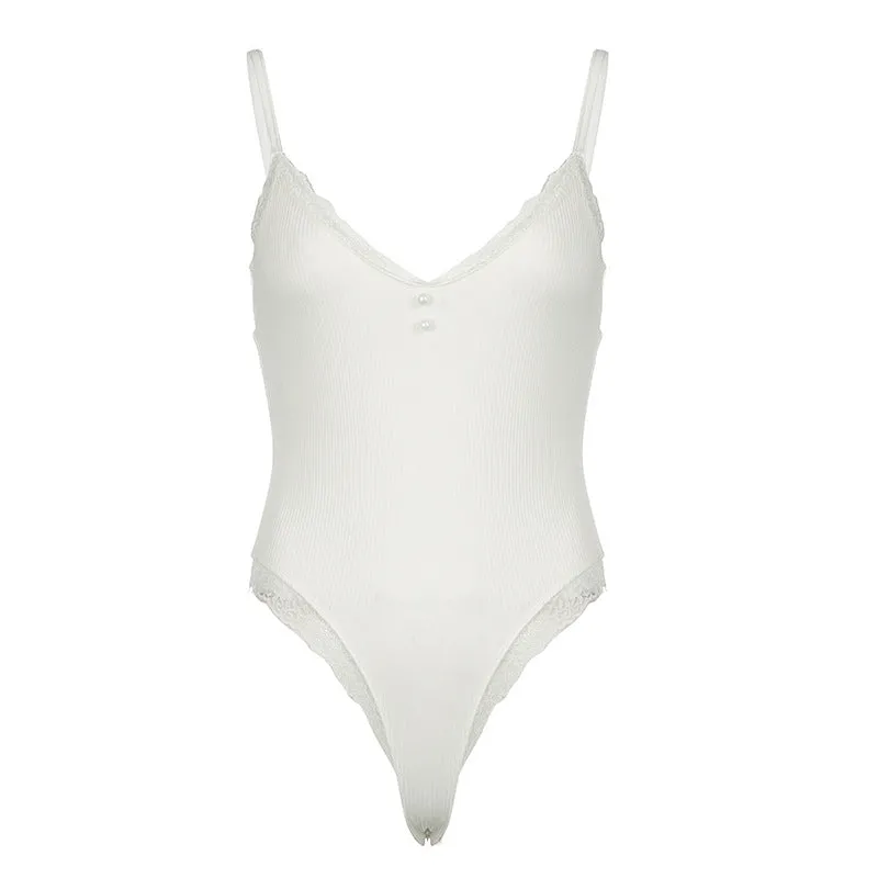Sweet And Spicy Girl Lace Button Splicing Pure White V-Collar Sexy Tight Sling One-Piece Suit Trend