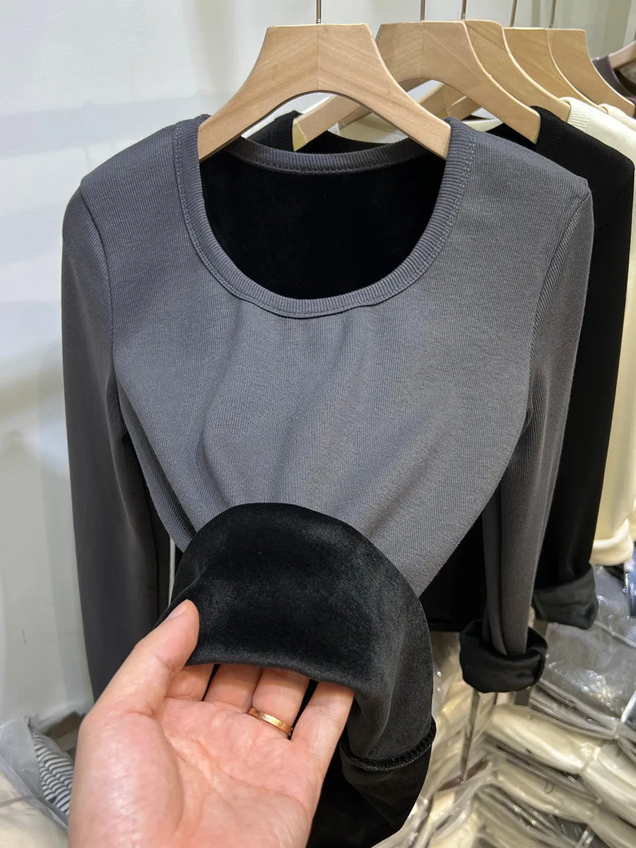 Znbbw Plush Underwear With White Bottomed T-Shirt With Low Round Neck And Long Sleeves In Autumn And Winter Integrated Velvet Warm Blouse - Image 5