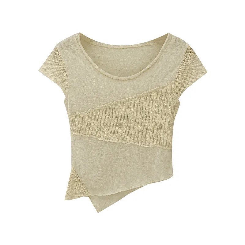 Korean Minority Design Temperament Texture Fabric Spliced Shoulder Short-Sleeved T-Shirt Women's Summer 2024 New Blouse - Image 2