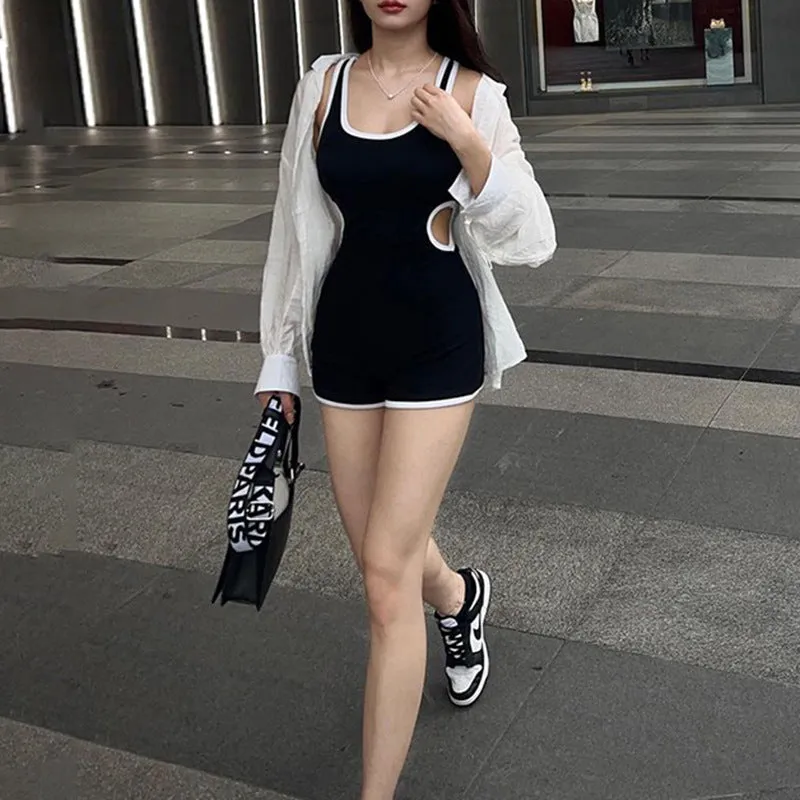 2025 Summer New Women's Dress Slim, Thin, Color Bag Edge Hollowed-Out Waist Sexy U-Collar Jumpsuit - Image 3