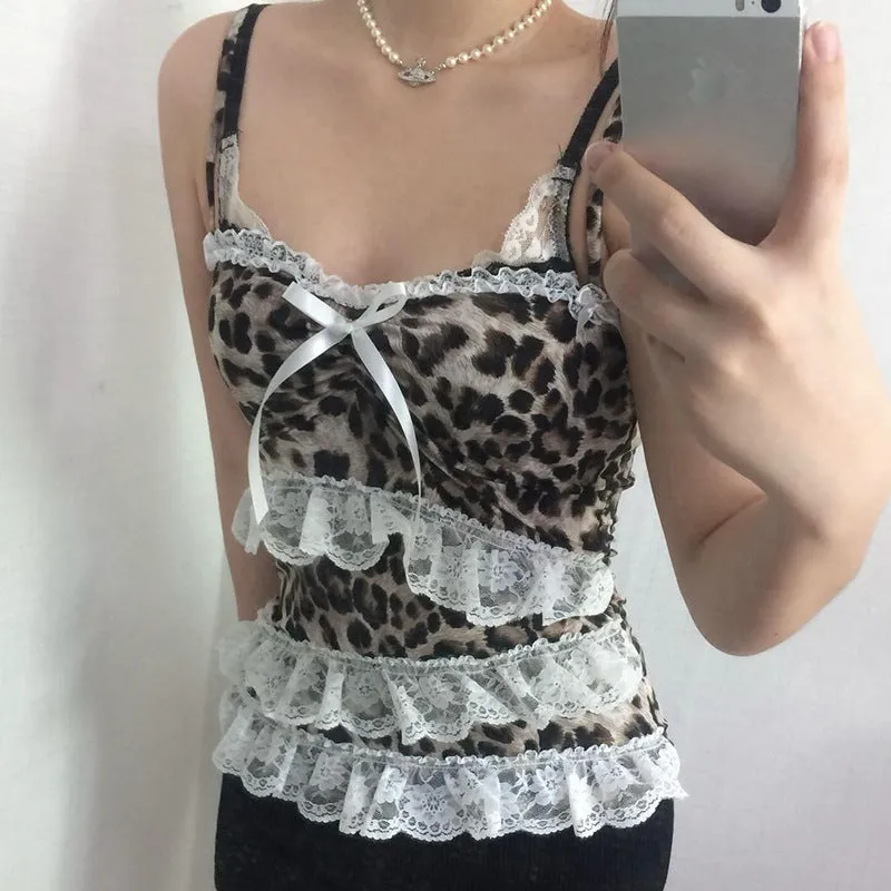 Spicy Girls Retro Leopard Print Color Lace Bow Splicing With Small Suspenders To Show Slim, Sexy Vest - Image 5