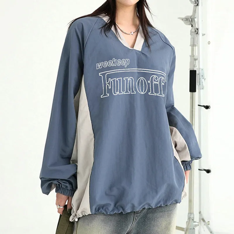 Street Color Casual V-Collar Loose Coat 2024 Spring / Summer Style Rope Design Basic Comfortable T-Shirt Sweater - Image 3