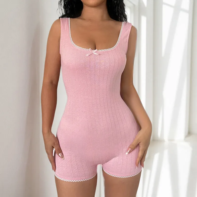 Pure Desire Girl Style Pink Home Jumpsuit Sexy Hot Girls U-Collar Low-Cut Slim Blouse Summer New Style - Image 5
