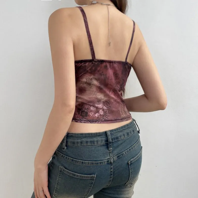 Retro Print Slim Mesh Halter Top 2024 Spring And Summer New Hot Girls Sexy Low-Chested Bare-Back Vest - Image 3
