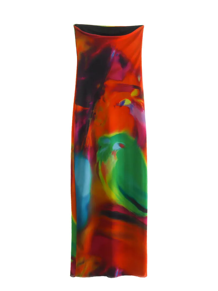 Znbbw And Winter New Style Printed Silk Mesh Slim And Breast Style Long Dress - Image 4