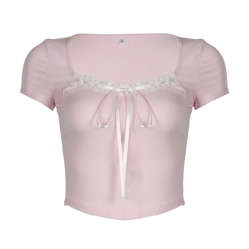 Hot Girls Sexy Lace Tie Square Tie Bow Tie Waist Knitted Short-Sleeved Blouse Pure Desire Short T-Shirt