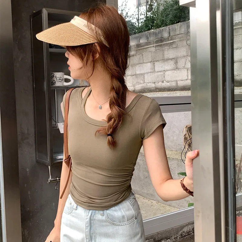 Pure Desire Hot Girls Design Sense To Hang Neck U-Collar Short-Sleeved T-Shirt Summer New Style Waist Shows Slim All Kinds Of Short Style Blouse Trend - Image 2