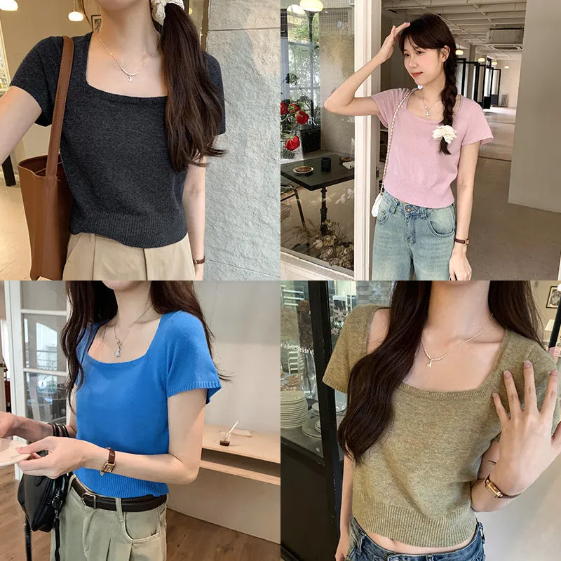 Korean Version Of Knitted Short-Sleeved T-Shirt Women's New Summer Slim Thin Solid Color Full-Length Short-Style Blouse Ins - Image 7
