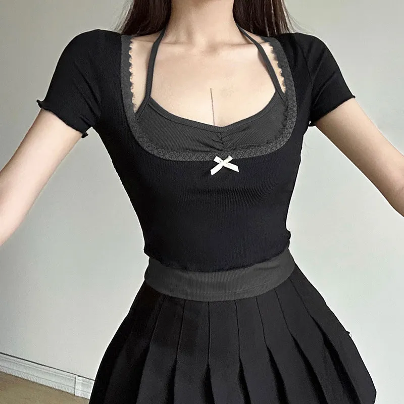 French Bow Square Collar Waist Shows Thin Collision Color Two-Piece T-Shirt Sweet Girl Hanging Neck Short-Sleeved Blouse - Image 5