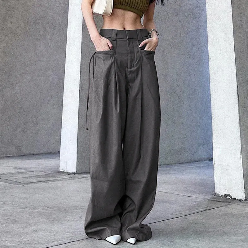 2025 Summer New Spice Girls Fashion Retro Street Loose Low-Waisted Solid Color Woven Trousers - Image 5