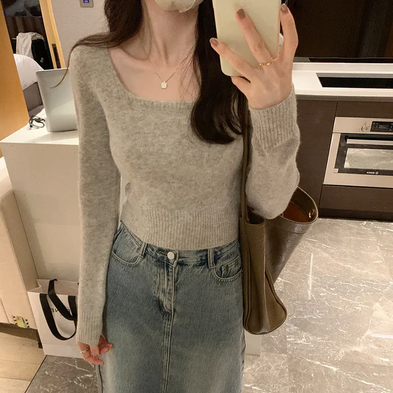 Znbbw Short Soft Waxy Sweater With Square Collar And A New Short Long-Sleeved Blouse For Women In Autumn And Winter