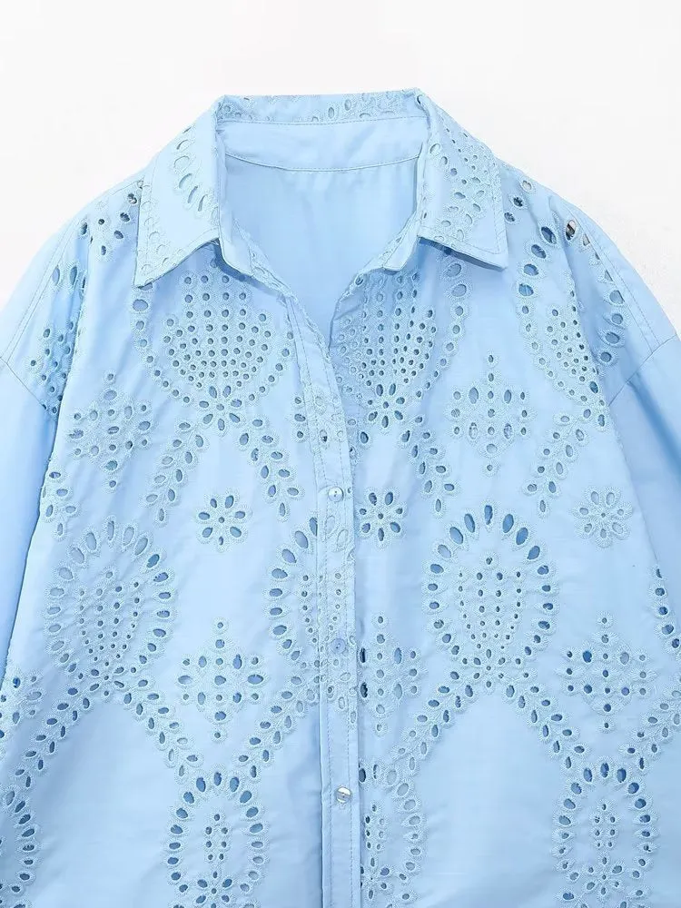 Znbbw Women's Lapel Hollowed-Out Embroidery Long-Sleeved Single-Breasted Shirt 7969071 - Image 5