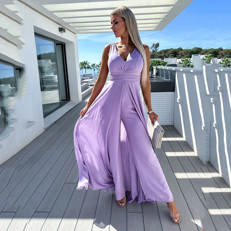 Znbbw Summer And Autumn New Deep V Jumpsuit INS Sexy Waist Wide Leg Sleeveless Jumpsuit