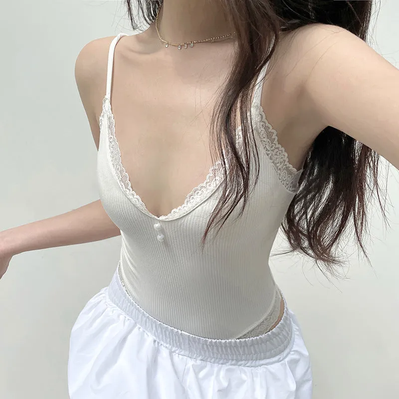 Sweet And Spicy Girl Lace Button Splicing Pure White V-Collar Sexy Tight Sling One-Piece Suit Trend - Image 3