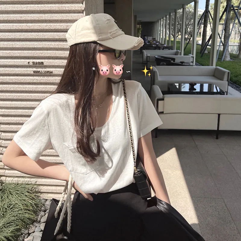 Sweet Cool Spicy Girls Korean Version Of The Shoulder Low-Collar Short-Sleeved T-Shirt Women's New Design Feel Tight Show Thin Bottomed Blouse - Image 4