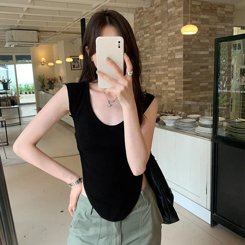 Sexy Spice Girl V-Neck Knitted Sleeveless Vest Women's 2024 Spring / Summer New Style Wrinkled Waist-Bottom Blouse - Image 3