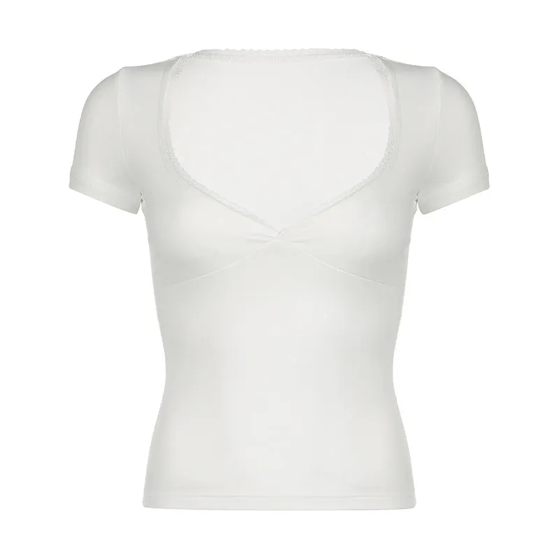 Hot Girls Sexy V-Collar Lace Stitching Solid Color Short-Sleeved Basic Casual Short-Sleeved Blouse 2024 Summer New Style - Image 2