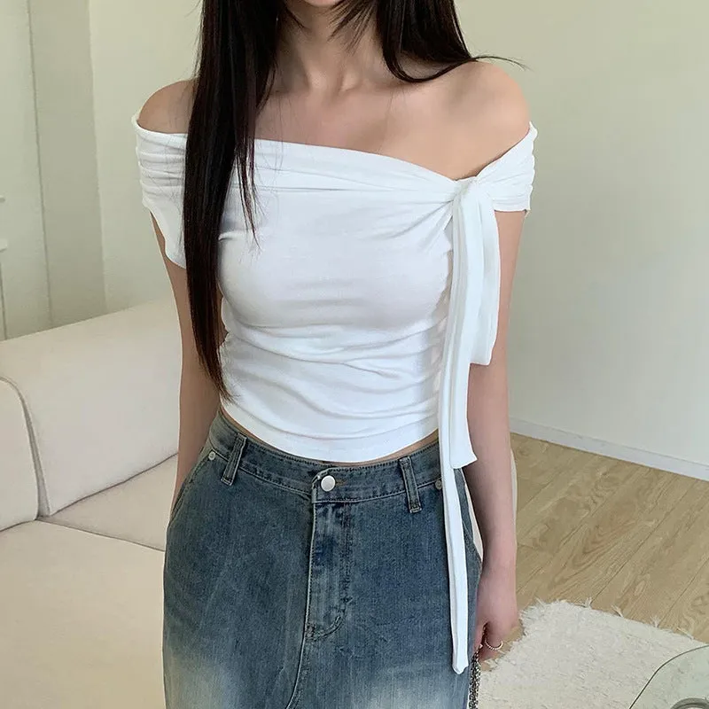 The Word Solid Color Irregular Bandage And Knot On The Shoulder Is Sexy In Summer, Wrinkled And Skinny T-Shirt. - Image 5