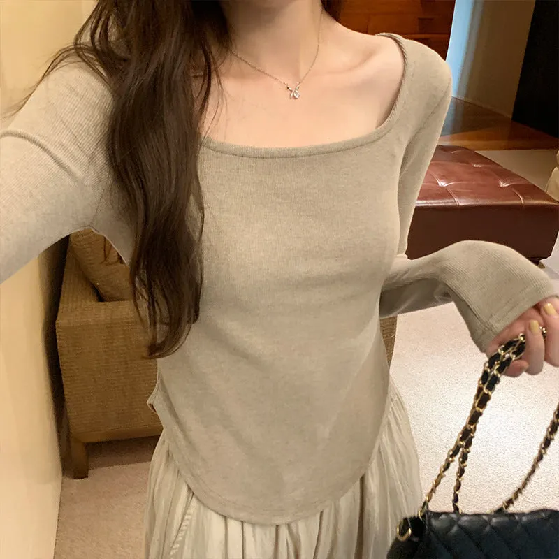 Znbbw Sense Small Square Collar Long-Sleeved T-Shirt Women's Autumn New Slim And Slim Underwear With Thread Bottom