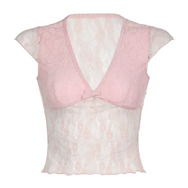 Fresh Girl Feeling Lace Bow Stitching Small Sexy V-Collar Perspective Color Slim Flying Sleeve T-Shirt 2024