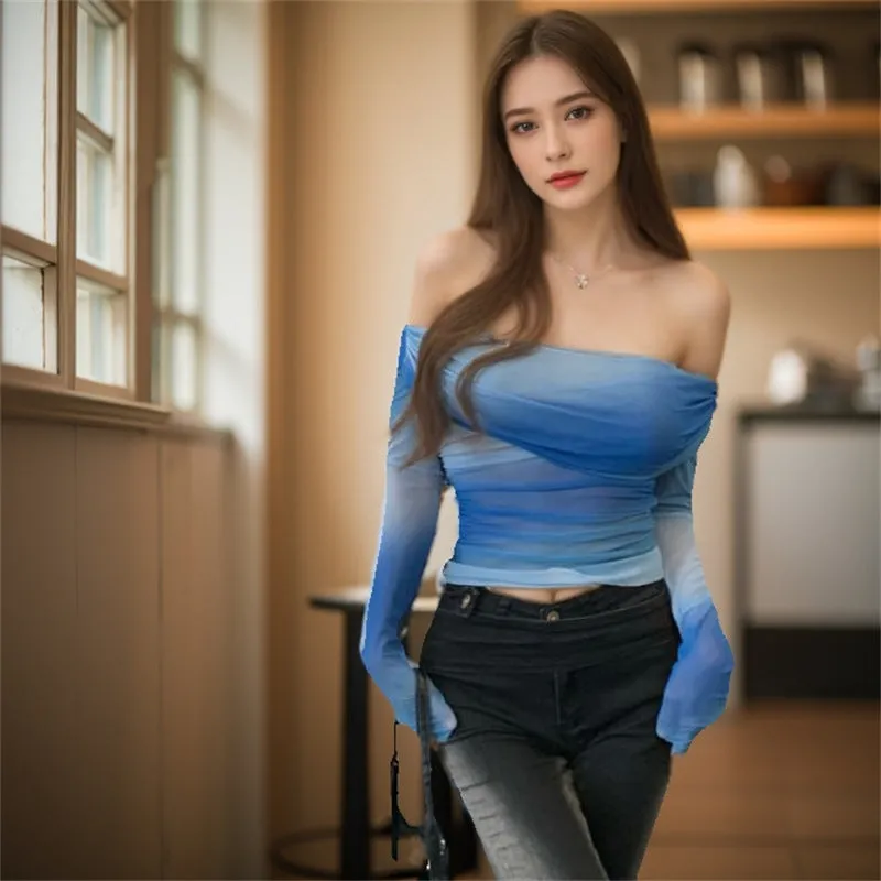 Znbbw Style Spicy Girls Blue Printed Shoulder Long-Sleeved T-Shirt New Slim Blouse For Women In The Fall Of 2024