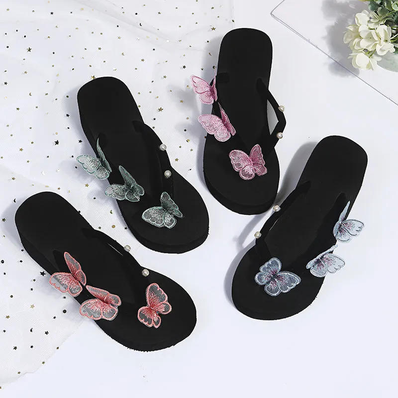 New Butterfly Flip-Flops Thick Bottom Slope With One Word With Pearl Large Size Beach Cool Flip-Flops - Image 6