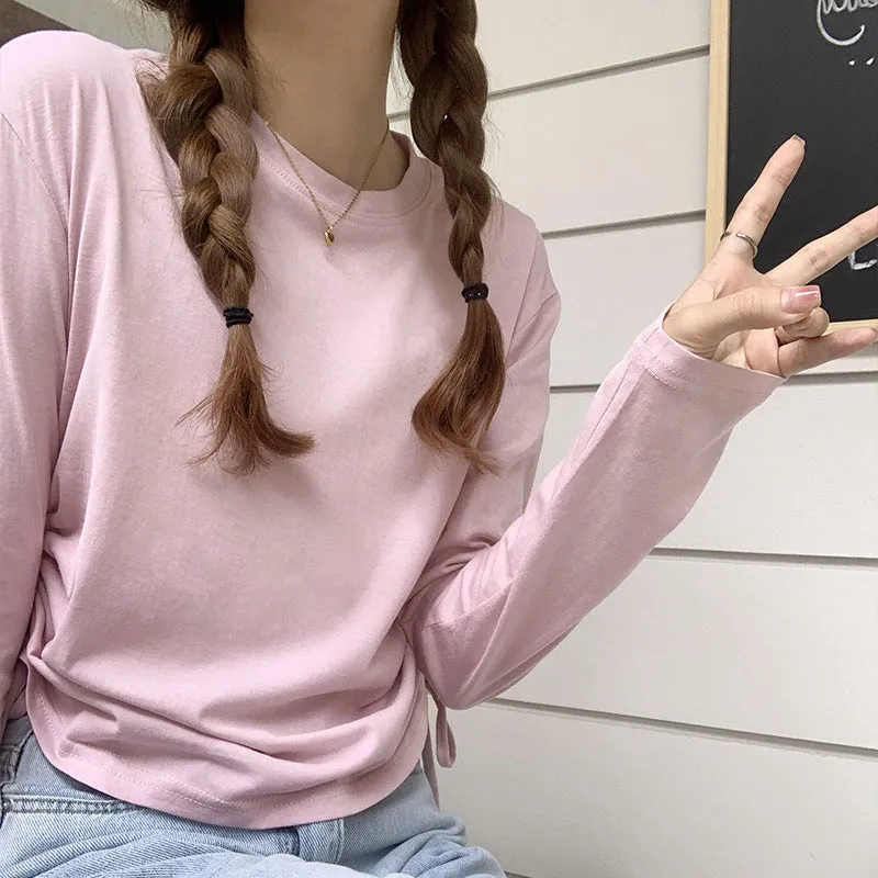 Summer Thin Style Design Rope Long-Sleeved T-Shirt Woman Waist Slim Solid Color Short-Style Sunscreen Blouse - Image 6
