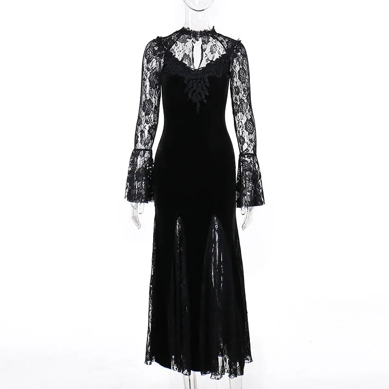 Znbbw Autumn New Style Sexy Micro-Transparent Slim Dress Dark Lace Fishtail Long-Sleeved Dress Woman - Image 3