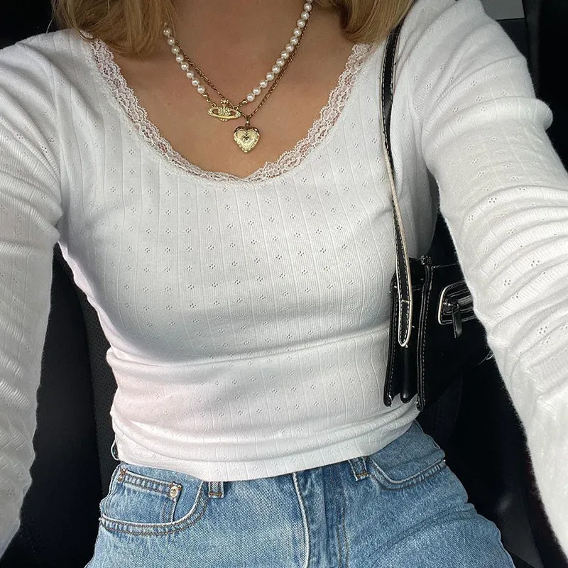 Autumn And Winter Women's Wear 2025Ins Street Trend Sweet Lace Lace Knitted Long-Sleeved T-Shirt - Image 5