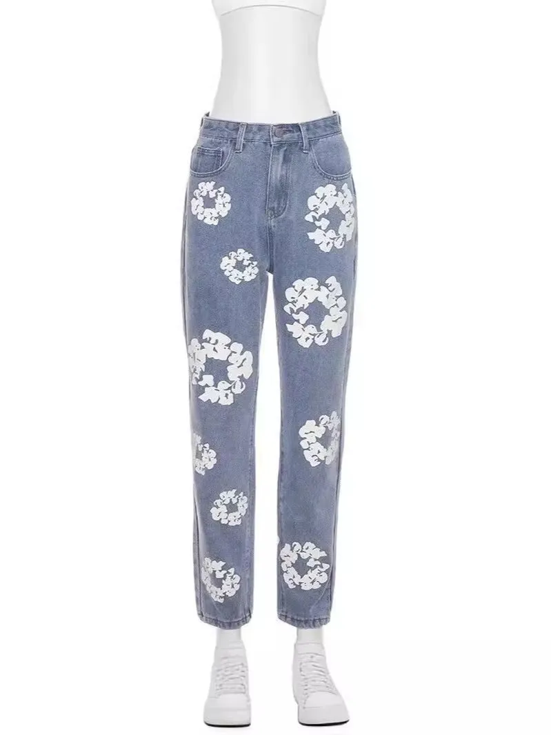 Znbbw 2024 Men's And Women's New Street Fashion Printed High-Waisted Straight Tube Slim Jeans - Image 5