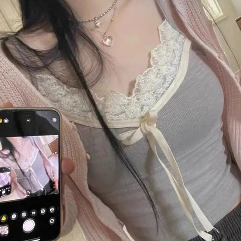 Hot Girl Pure Lace Splicing Tie Bow Tie Small Sling 2024 Color Slim Sexy Vest Girl - Image 5
