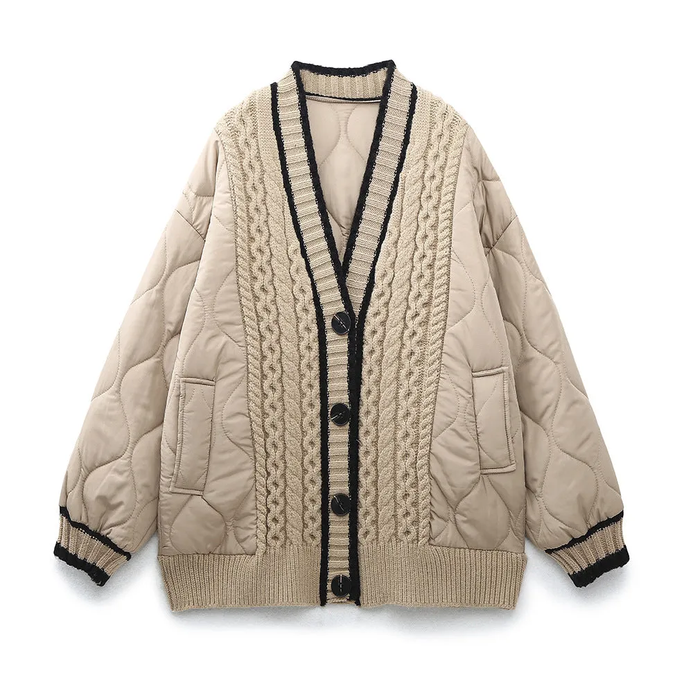 Znbbw And Winter New Tricolor Knitted Spliced V-Collar Loose Version Cotton Jacket - Image 7