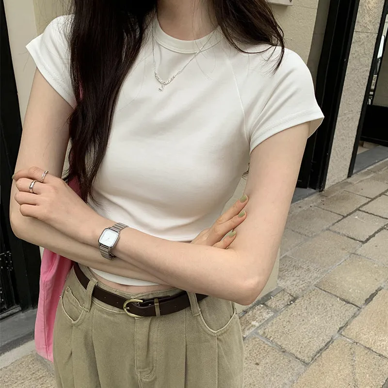 Basic T-Shirt With Shoulder, Round Neck And Short Sleeves, New Slim, High-Waisted, Short-Color Blouse For Women In Spring And Summer - Image 7