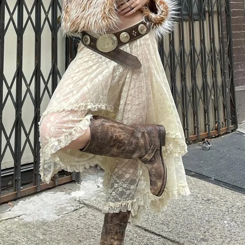 Holiday Leisure Lace Irregular Design Low-Waisted Skirt 2024 New Thin Style Full-Length Dress - Image 5