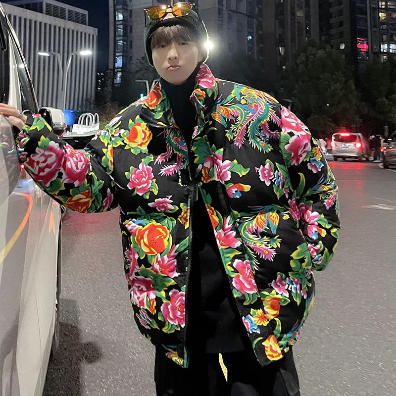 Big Flower Cotton-Padded Jacket Men And Women China-Fashion Chinese Wind Peony Flowers Add Thick Cotton Clothes Winter Warm Coat Oversize - Image 6