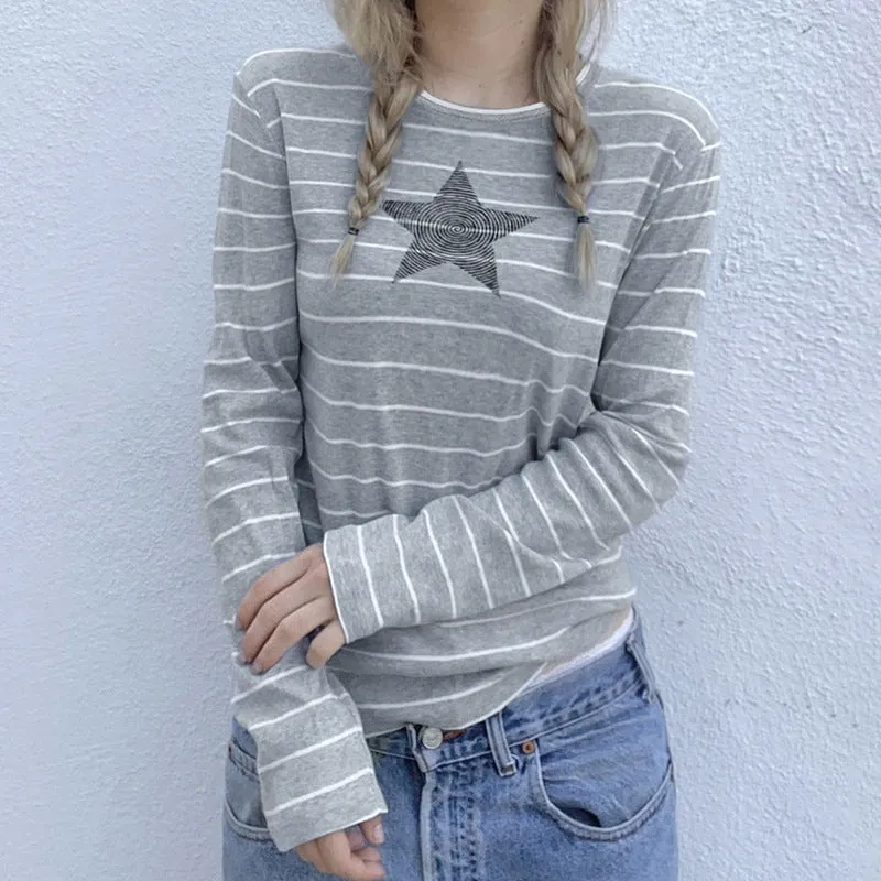 Street Striped Five-Pointed Star Leisure T-Shirt Women's Autumn Daily Simple Commuter Star Hit Color Long-Sleeved Blouse - Image 4