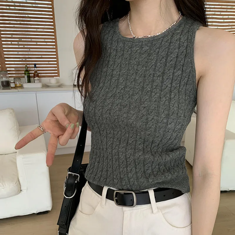 A Retro Twist Sling Vest For A Woman In Summer, A New Style Of Slimming, Lazy Wind, Unique Design, Grey Knitted Clothes. - Image 4