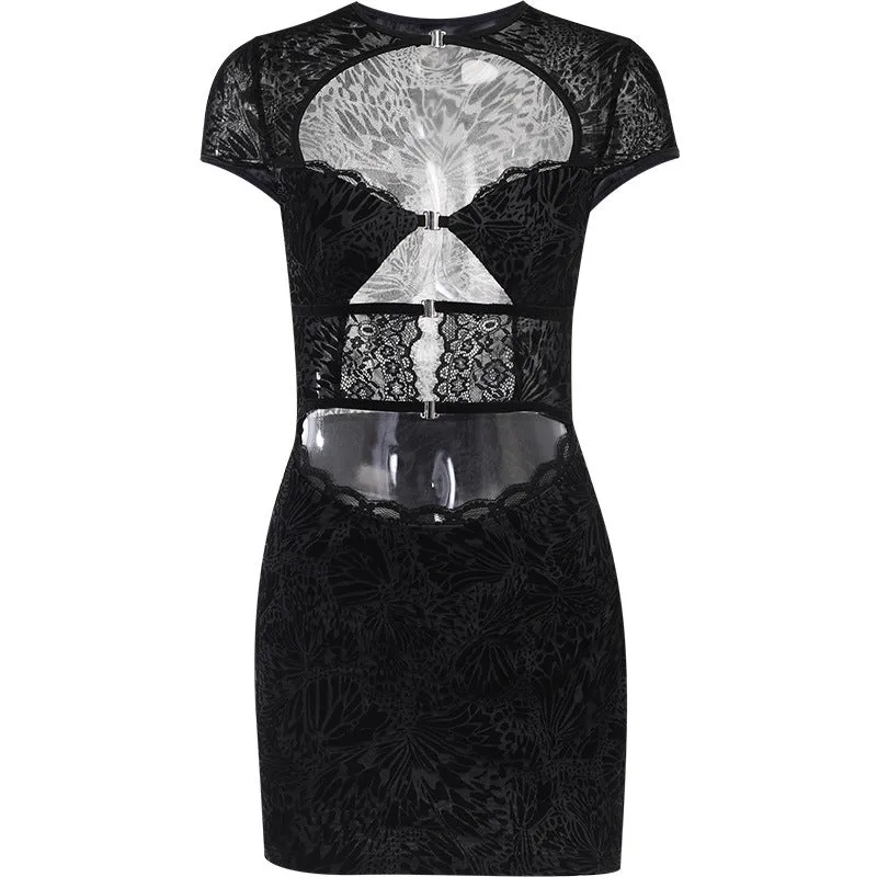Znbbw Autumn New Spicy Girls Sexy Slim Hip Skirt Fashion Flocking Lace Hollowed-Out Dress Woman - Image 2