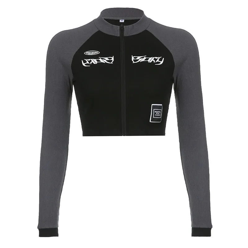 2024 Spring / Summer Women's Wear Ins Style Street Retro Work Clothes Printed Zipper Collar Slim Long-Sleeved T-Shirt