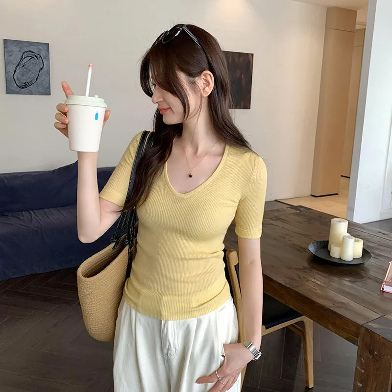 U Straight Shoulder Ice Silk Knitted Short-Sleeved T-Shirt Women 2024 Summer Thin Style Bottomed Shirt Slim Short Blouse - Image 3