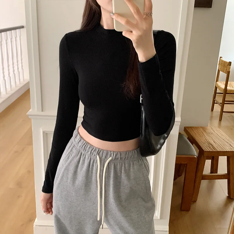 Znbbw And Slim Long-Sleeved T-Shirt Women's Early Autumn New Style Solid Color Underneath T-Shirt Short Style Blouse - Image 4