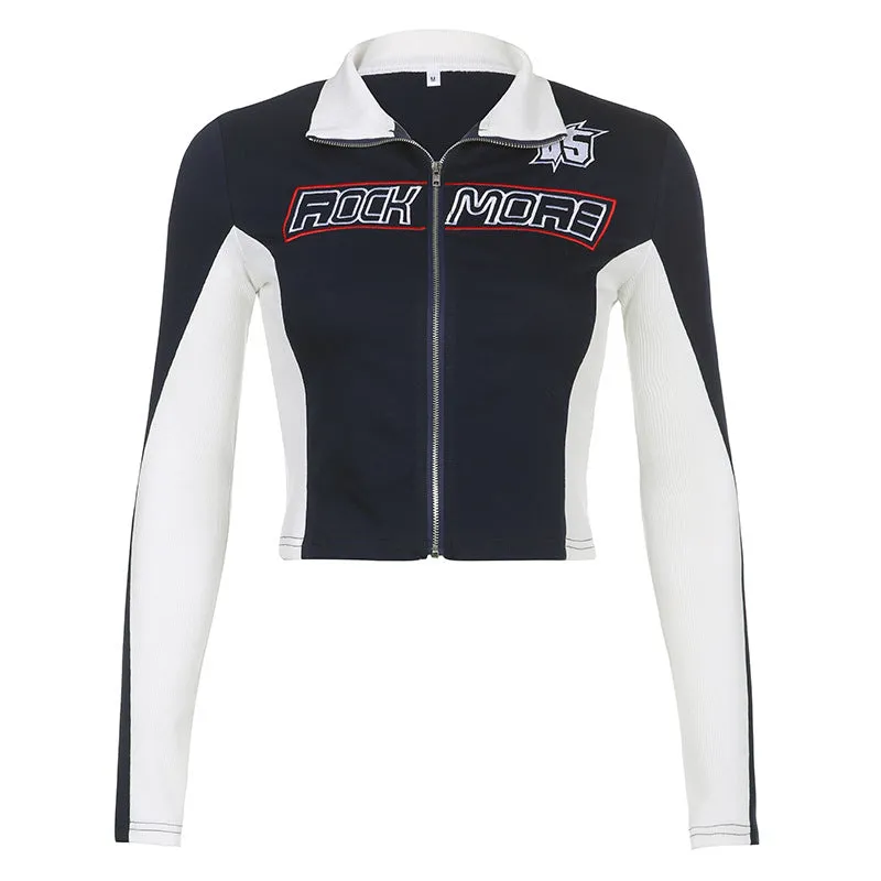 2024 Slim And Thin Personality Street Cool Fashion Letter Printing Motorcycle Style Blue And White Coat - Image 2