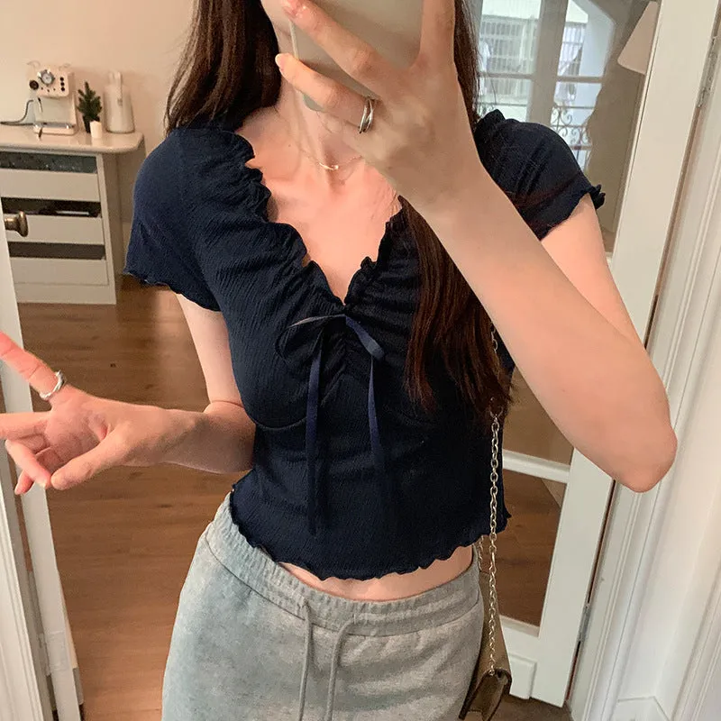 French Style V-Neck Wooden Ear Pleated Short-Sleeved T-Shirt A New Short-Style Foreign-Style Waist Blouse For Women In Summer - Image 6