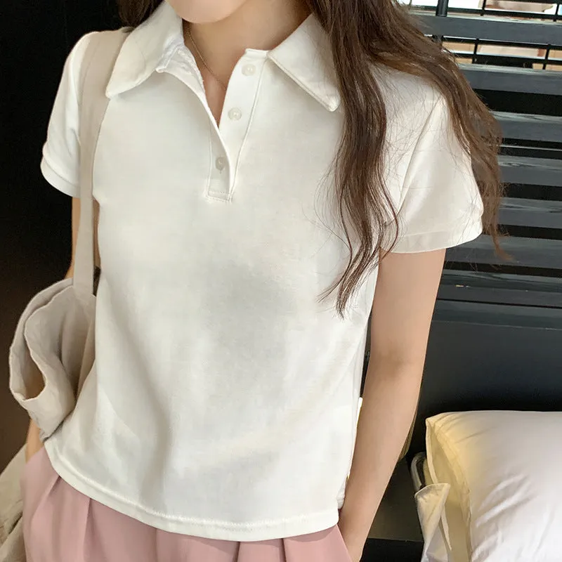 Pure Hot Girls Polo Collar Solid Color Short-Sleeved T-Shirt Women's Summer New Design Style Basic Style Blouse - Image 5