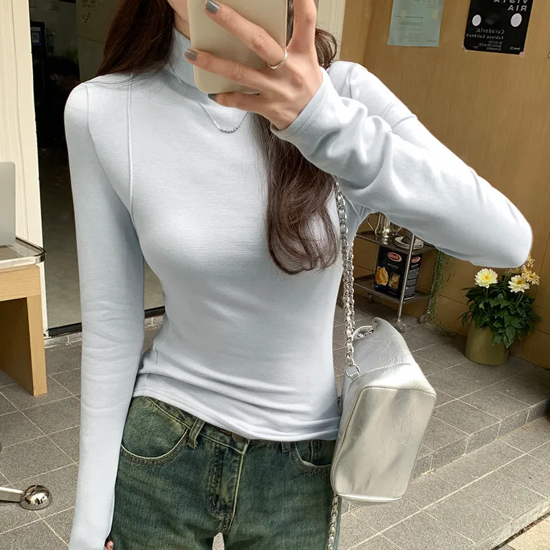 White High-Collar Slim Long-Sleeved T-Shirt Female Chunqiu New Style Slim Undershirt With Chic Temperament - Image 11