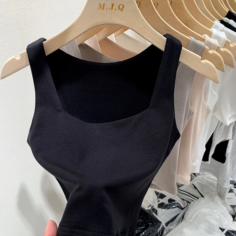 White Sling Vest Women's Suit With Cover, Breast Wide Shoulder Straps, Sleeveless T-Shirt, Square Collar, Bottom Top, Summer Outside. - Image 6