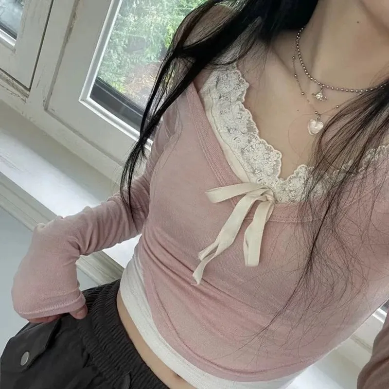 Hot Girls Sexy Lace Straps Tight Show Thin Knitted Long Sleeves Two-Piece Set 2024 Pure Sweet Wind Blouse Girl - Image 3