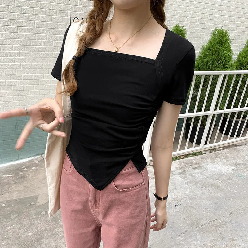 Shoulder Women's T-Shirt Shows A Sense Of Thin Short-Sleeved Design Minority Pleated Irregular Slimming Blouse Square Collar Clavicle T-Shirt - Image 2