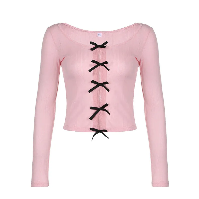 Ins Chao Brand Hollowed-Out Design Feeling Small Sexy Bow Stitching Long-Sleeved Slim T-Shirt 2024 Spring And Summer New Women - Image 2