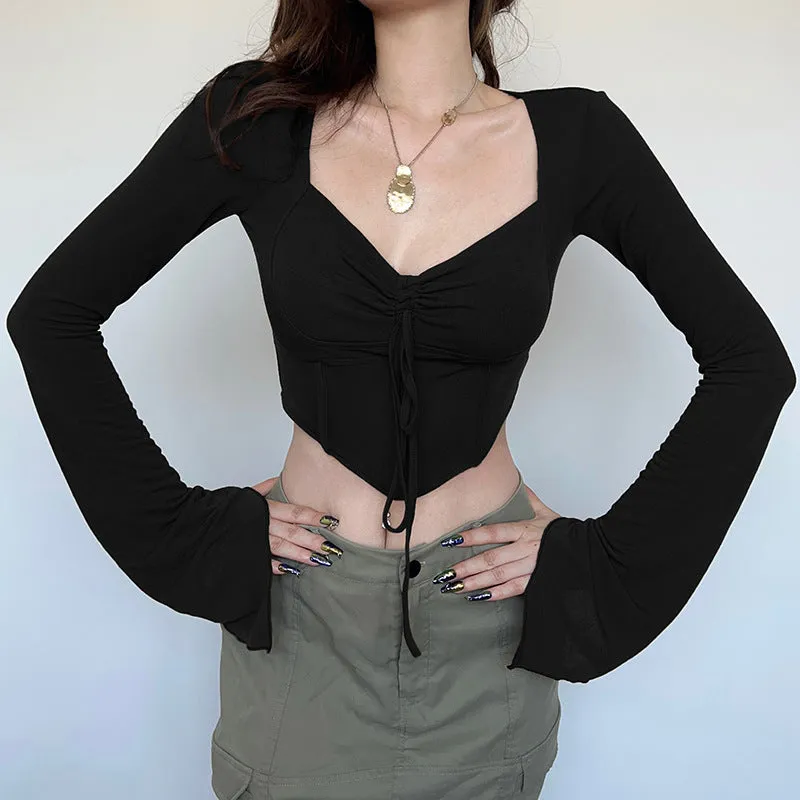 2025 Autumn / Winter Women's Wear Ins Trend Brand Online Celebrity Hot Girl Hanging Neck Fishbone Square Collar Sexy Navel Revealing Thin T-Shirt Woman - Image 5